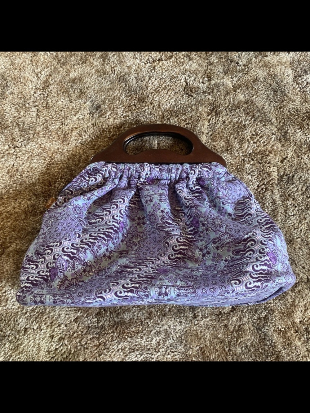 Purple Patterned Fabric Clutch with Wooden Handles